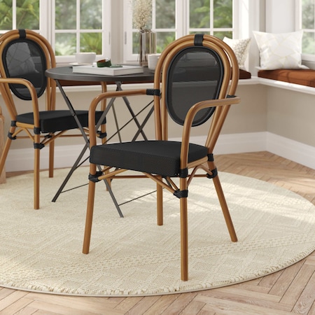 Flash Furniture Marseille Thonet French Bistro Stacking Chair w/Arms, Black Textilene and Bamboo Print Alum Frame SDA-AD642002A-TXT-BK-NAT-GG